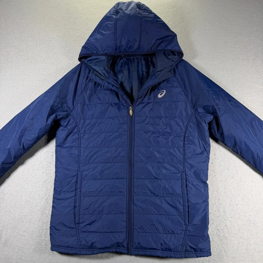 Asics Mens Blue Puffer Hooded Jacket Lightweight Full Zip‎ Athletic Sportswear